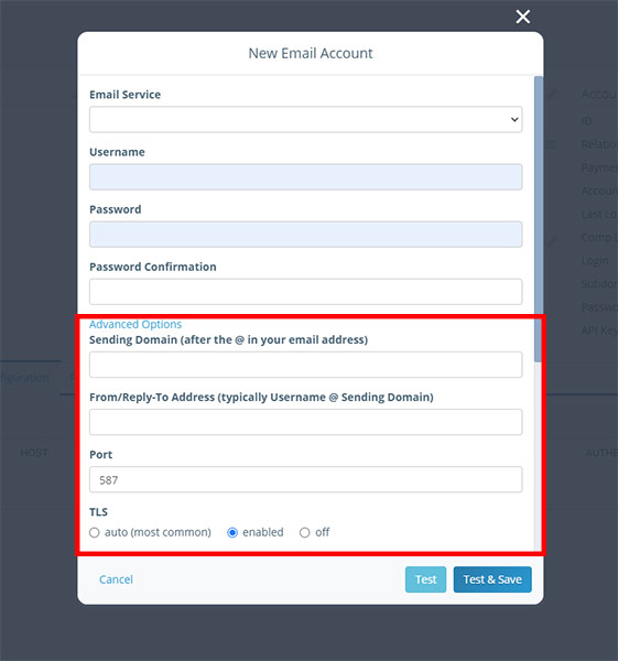 Email Configuration: Advanced Options Panel
