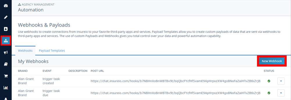Screenshot of Insureio's Webhooks & Payloads section with the New Webhook button highlighted
