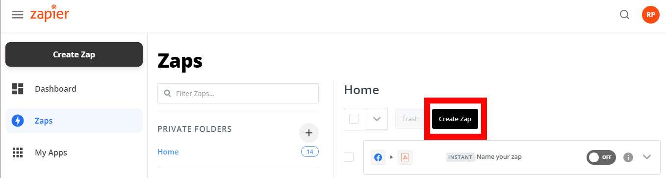 Screenshot of Zapier's Zaps dashboard with the Create Zap button highlighted