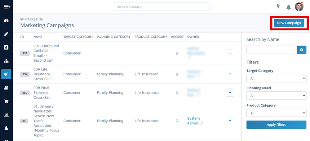 Screenshot of the Insureio marketing campaigns page