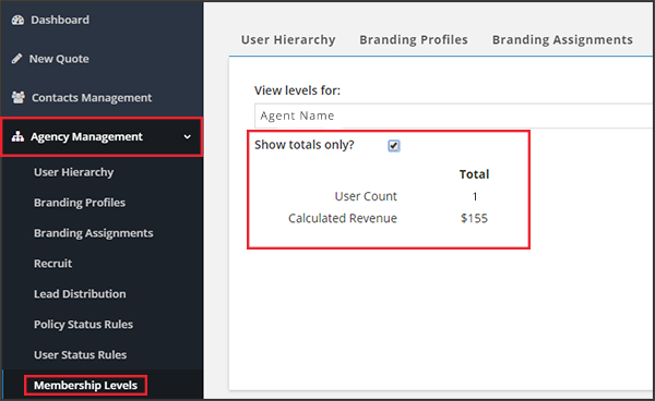 Agency Management: Membership Levels - Show Totals Only