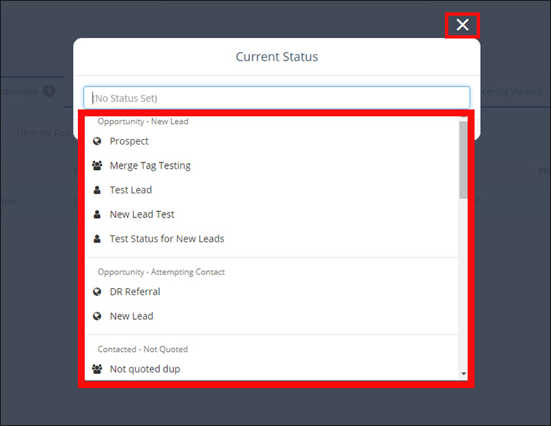 Changing a client's status using the dashboard dropdown menu Changing a client's status using the dashboard dropdown menu