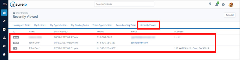 Recently Viewed tab in the Insureio dashboard Recently Viewed tab in the Insureio dashboard