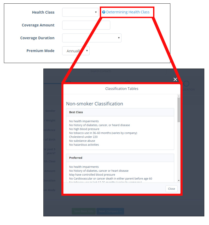 New Quote: Basic Info - Health Classification Help