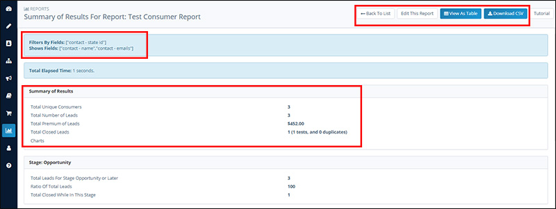 Results from a saved report