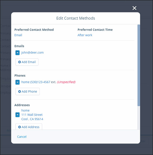 Client record overview: editing contact info