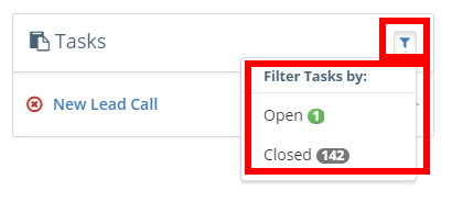 Screenshot of the Insureio consumer profile screen, with the tasks filter selected, showing a green number indicating open tasks and a gray indicator showing the number of closed tasks.