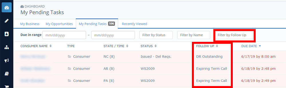 Filter options for filtering by status Filter options for filtering by status