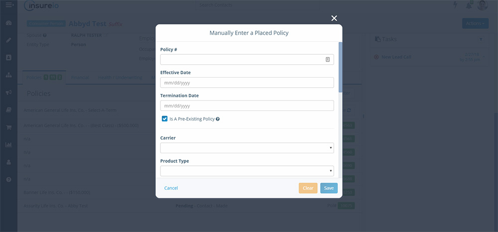 Contacts Management: modal screen for filling in manual details about quote or placed policy to add