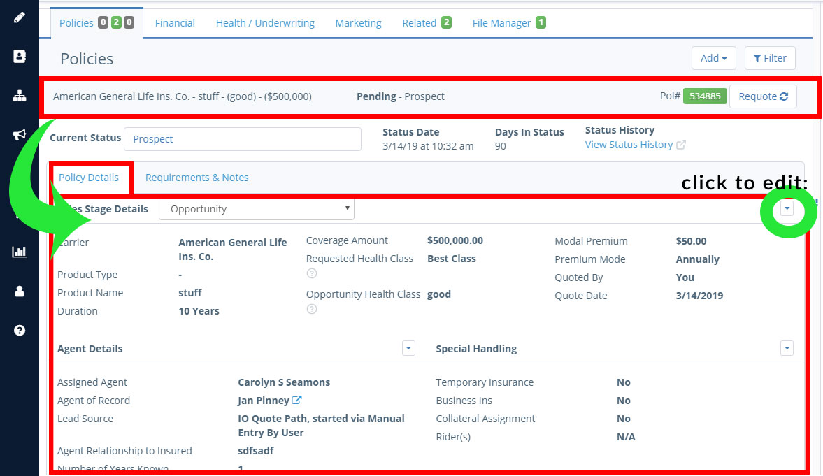 Client record overview: policies tab with status detail