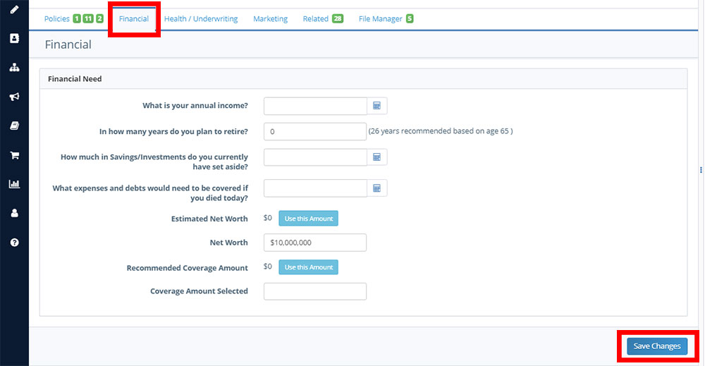 Client record overview: policies tab with requirements and notes detail