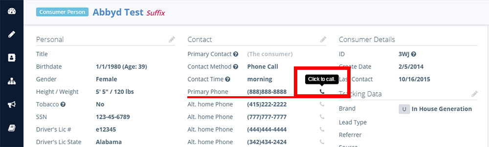 Client record overview: click to call