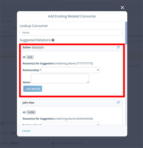 Screenshot of the Insureio Add Existing Related Consumer modal window, showing the fields to indicate the relationship of the two consumers and add any relevant notes before linking the two records.