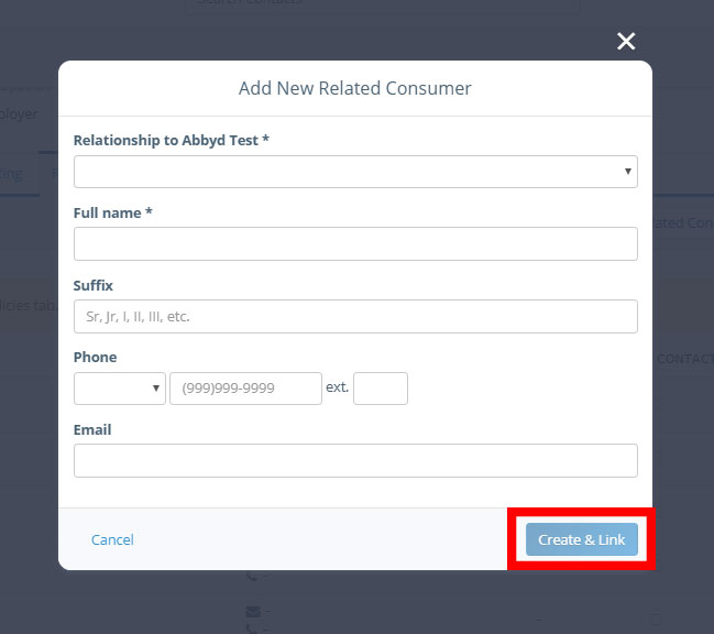 Screenshot of the Insureio Add Existing Related Consumer modal window, showing the fields to indicate the relationship of the two consumers and add any relevant notes before linking the two records.