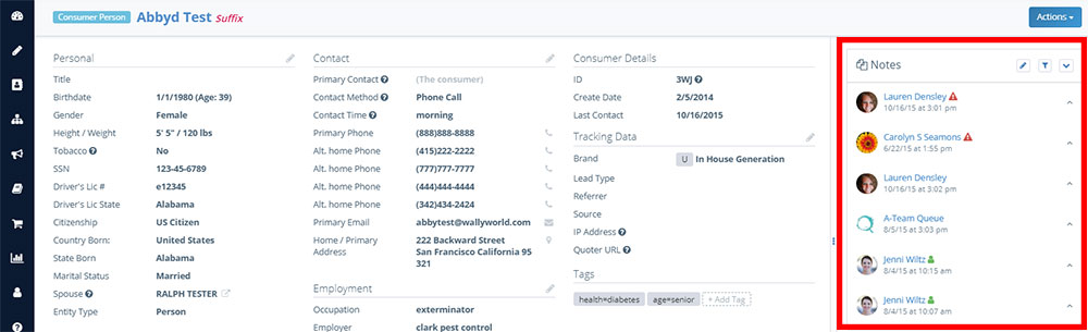 Screenshot of the Insureio consumer profile screen, with a red box around the notes on the upper right hand side.