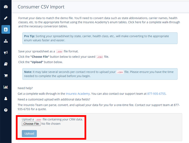 CSV Import: Choose File to Upload
