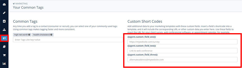 Screenshot of the Custom Short Codes fields in Insureio