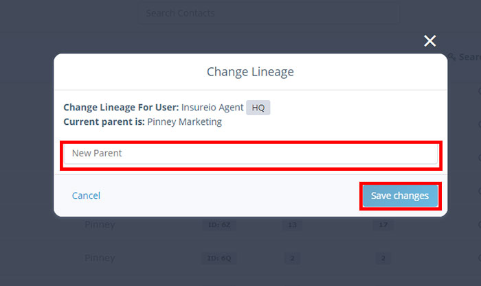 Screenshot of Insureio showing the change-lineage dialogue box
