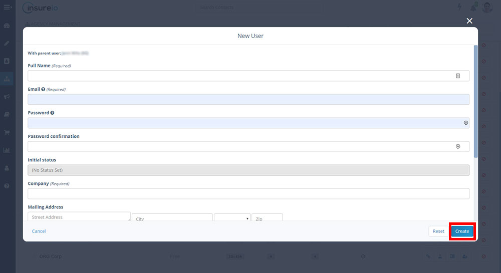 Screenshot of Insureio showing the dialogue box to create a new user