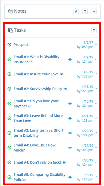 Screenshot of the Insureio consumer profile screen, with the task display area highlighted in red.