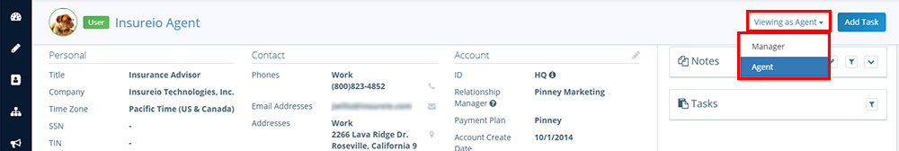 Screenshot of Insureio showing an agent's profile with the dropdown menu highlighted that gives access to the manager view of that same profile