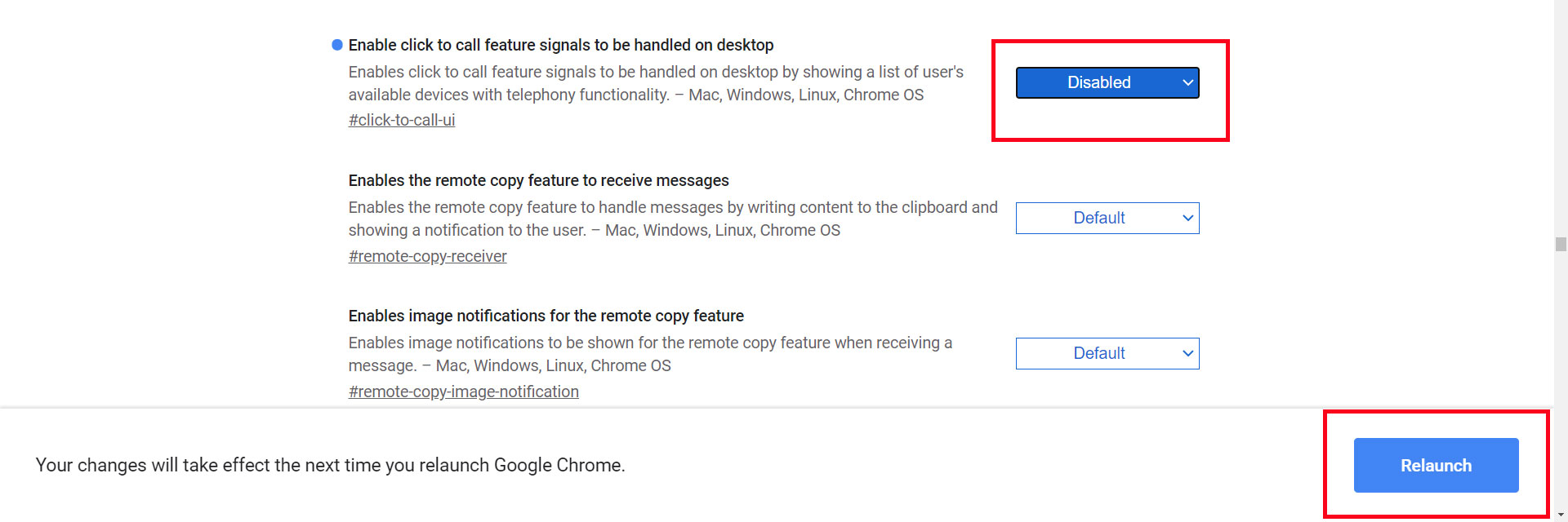 Click-to-Call Installation: Relaunch Chrome button highlighted after enabling click-to-call on a desktop