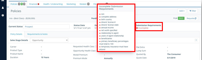 Client record overview: incomplete submission requirements modal window