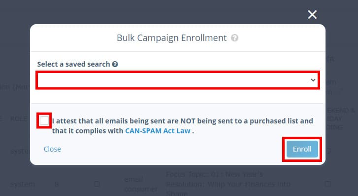 Right dropdown arrow menu: Bulk Enroll for a campaign