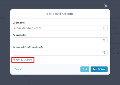 Edit email account dialog box: Advanced Options