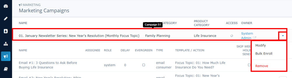 Right dropdown arrow menu: Modify or Remove a campaign