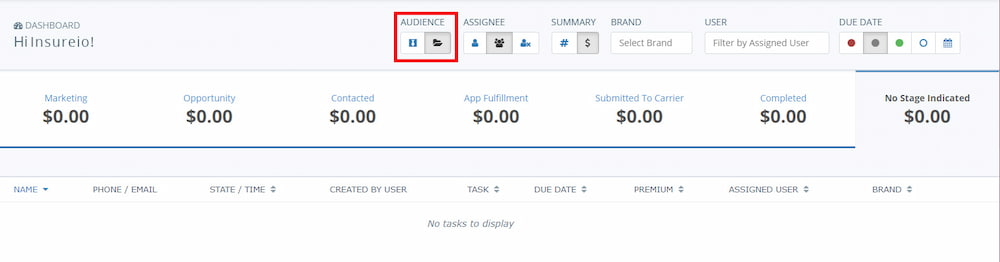 Insureio dashboard screenshot showing the Audience toggle buttons