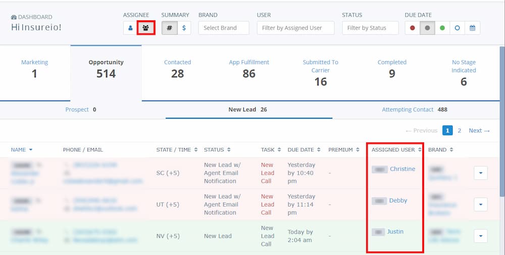 Insureio dashboard screenshot showing the Assignee column in the dashboard with team members listed instead of just the logged-in user