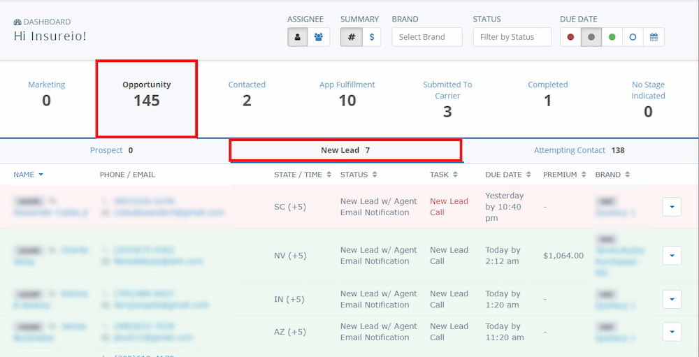 Insureio dashboard screenshot showing a status drilldown within a category