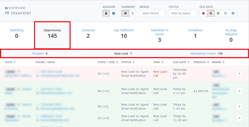 Screenshot of the Insureio dashboard showing leads in the Opportunity category