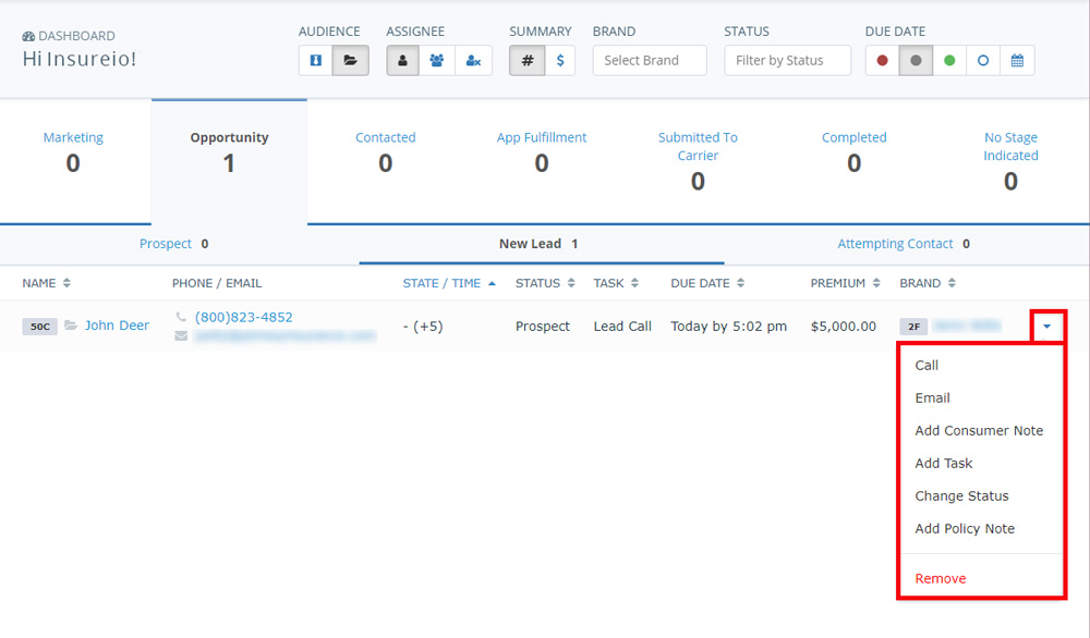 Screenshot of the Insureio dashboard showing the dropdown menu to access common functions, like email or click-to-call