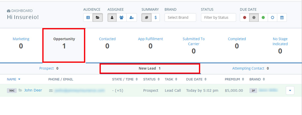 Screenshot of the Insureio dashboard showing leads in the New Lead status within the Opportunity category