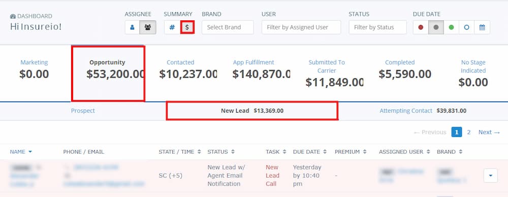Insureio dashboard screenshot showing the dashboard column headings with premium totals instead of the number of applicable contact records