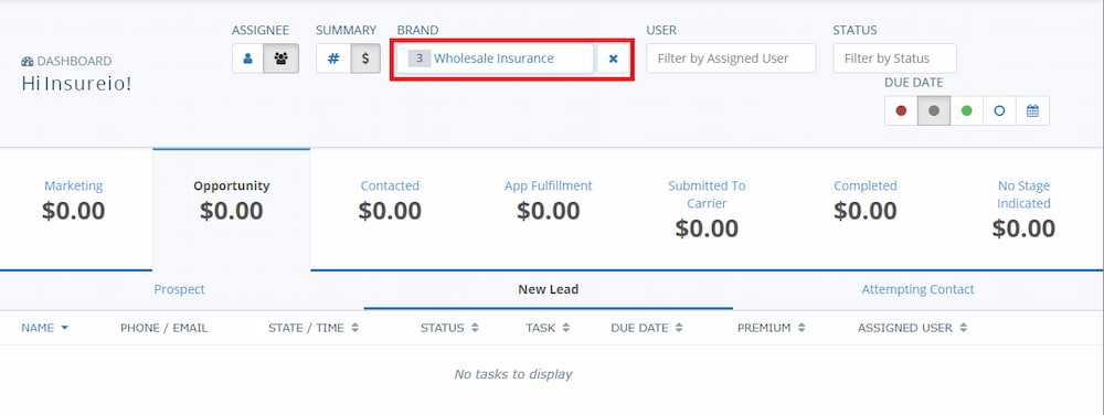 Insureio dashboard screenshot showing the brand filter set to Wholesale Insurance