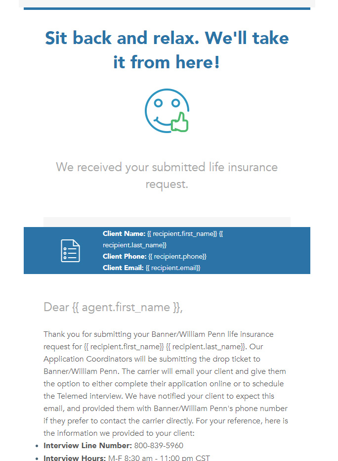 Screenshot of the email Insureio sends the agent once they submit a client's Banner app for processing
