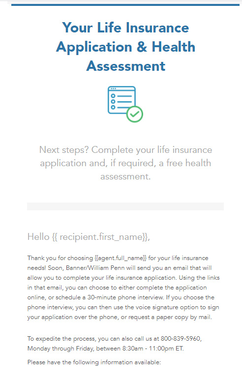 Screenshot of the email Insureio sends to your client once you submit their Banner app for processing