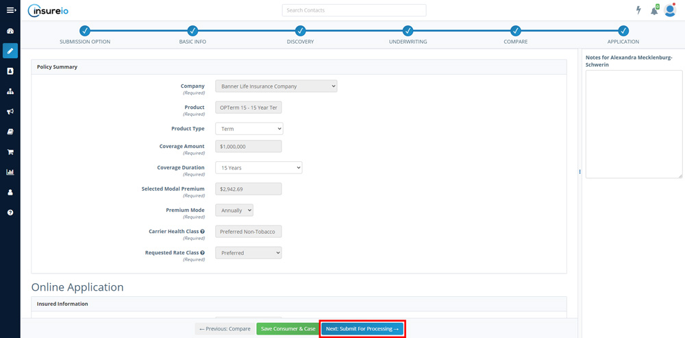 Screenshot of the application screen in Insureio with the Submit for Processing button highlighted