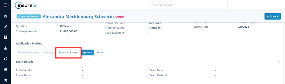 Submit to Banner button shown within the Application Method section of the policy detail tab