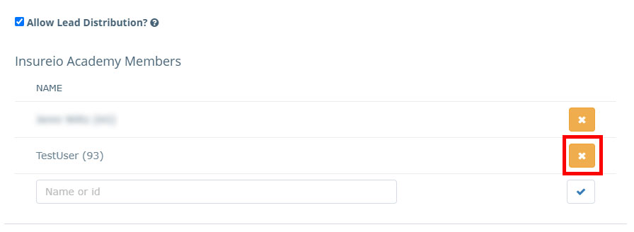 Screenshot of the removal icon beside the name of a system user with access to the Insureio Academy brand