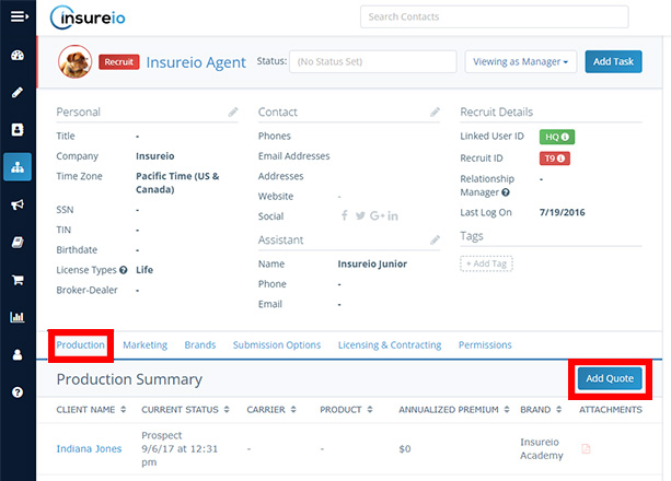 Screenshot of the Production tab in Insureio with the blue Add Quote button highlighted