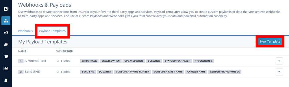 Screenshot of Insureio's Payload Templates tab with the New Template button highlighted