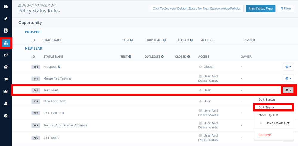 Screenshot of Insureio's Policy Status Rules section with the Test Lead status highlighted