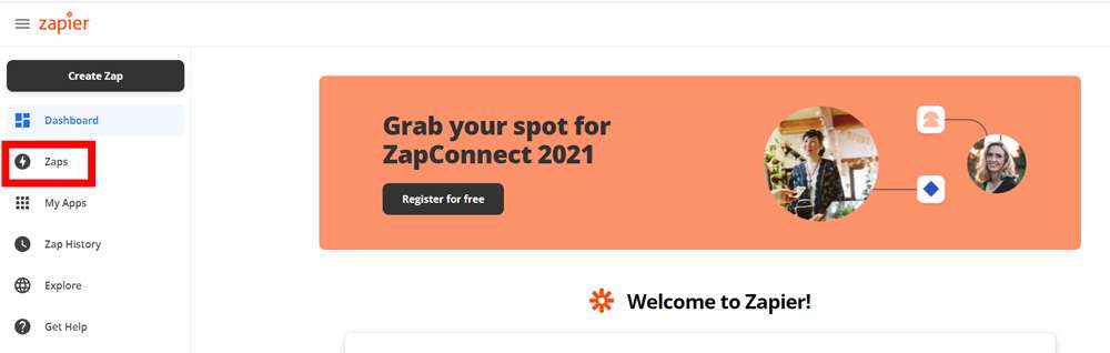 Screenshot of Zapier's dashboard with the Zaps menu option highlighted