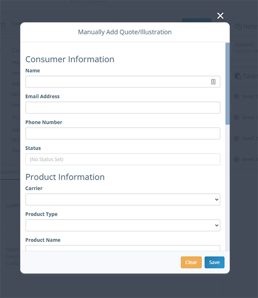 Screenshot of the modal window for entering quote/illustration details