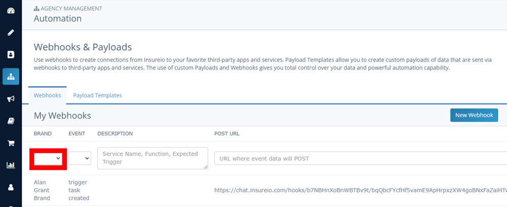 Screenshot of Insureio's My Webhooks section with the brand selection dropdown menu highlighted
