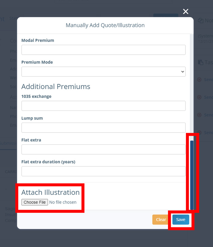 Screenshot of the modal window for entering quote/illustration details with the document upload button highlighted